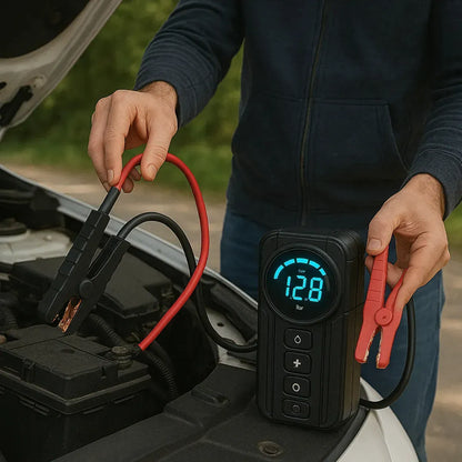 Arrancador de Batería Portátil 12V 600A con Compresor de Aire 150 PSI y Linterna LED