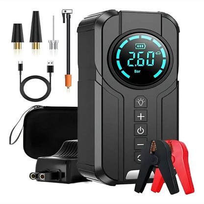 Arrancador de Batería Portátil 12V 600A con Compresor de Aire 150 PSI y Linterna LED
