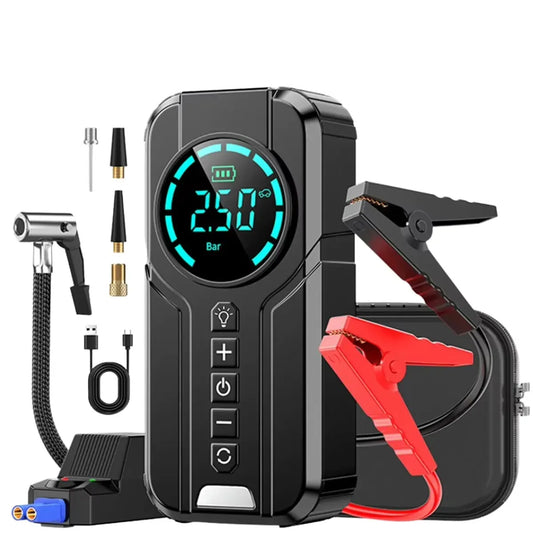 Arrancador de Batería Portátil 12V 600A con Compresor de Aire 150 PSI y Linterna LED